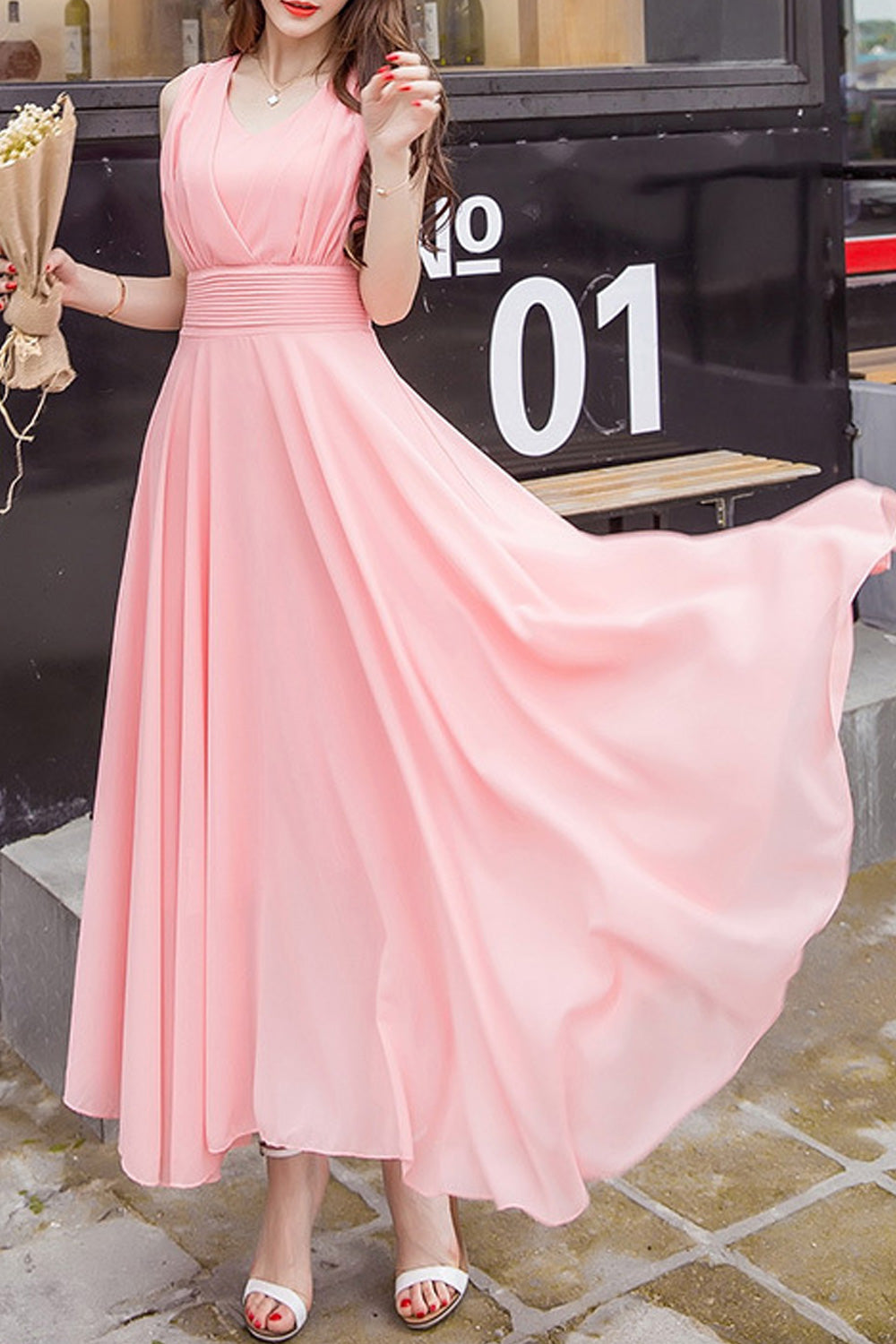 Women Chiffon Long Pleated Skirt Gown Dress White