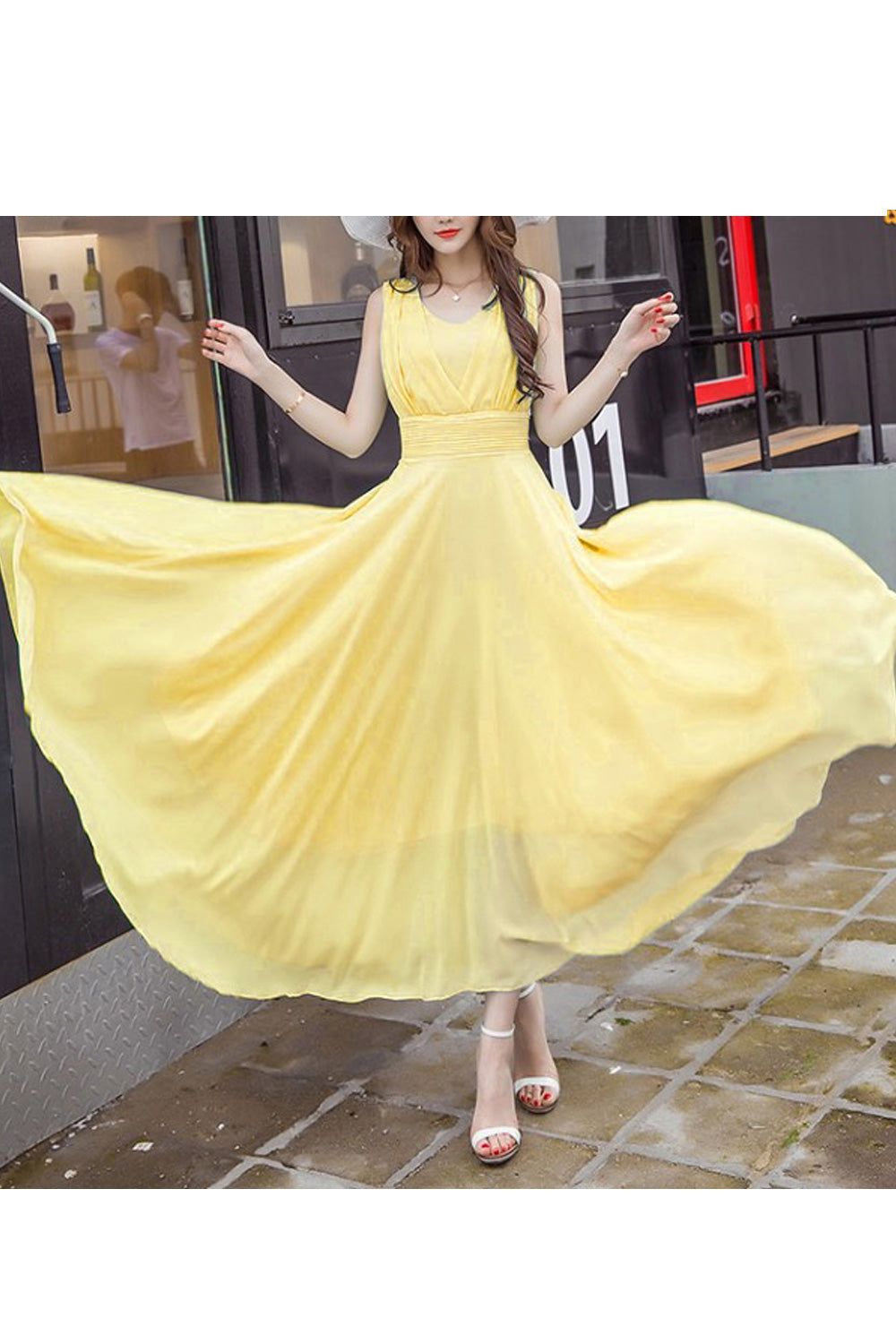 Women Chiffon Long Pleated Skirt Gown Dress White