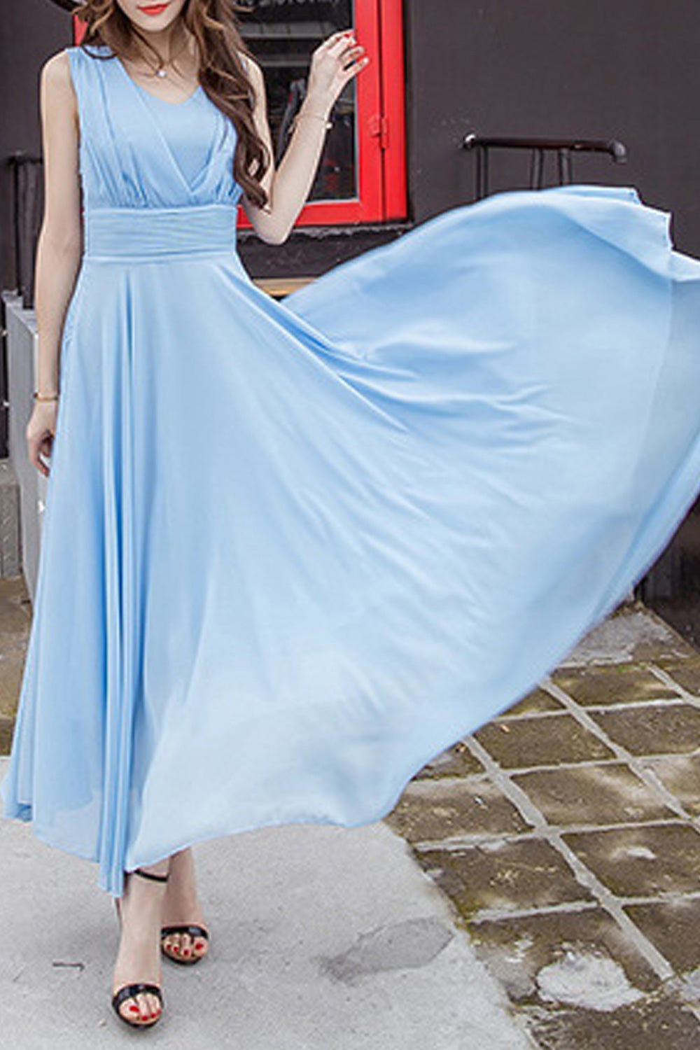 Women Chiffon Long Pleated Skirt Gown Dress White