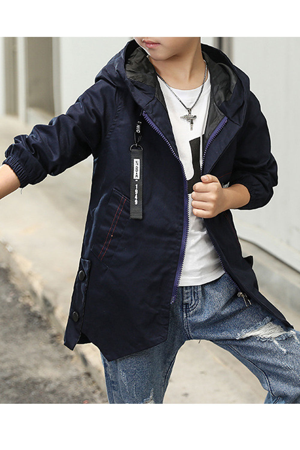 Kids Boys Elasticated Long Sleeve Decent Solid Colored Thick Hooded Neck Zipper Closure Warm Autumn Jacket