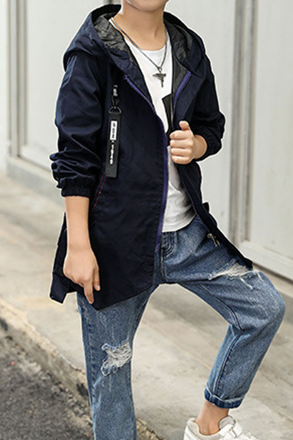 Kids Boys Elasticated Long Sleeve Decent Solid Colored Thick Hooded Neck Zipper Closure Warm Autumn Jacket