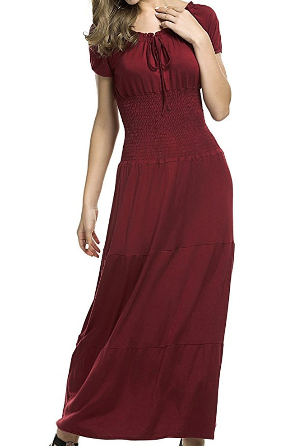 Women Short Sleeve Flattering Fit Pleated Long Dress