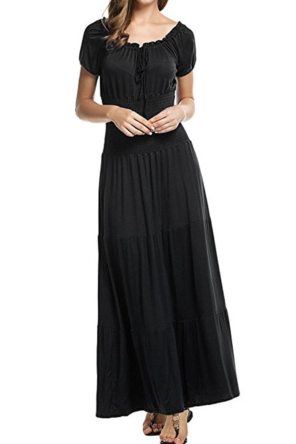 Women Short Sleeve Flattering Fit Pleated Long Dress