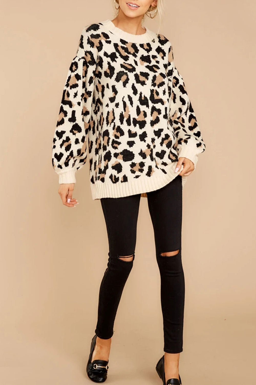 Women Classy Leopard Printed Convenient Round Neck Sweater