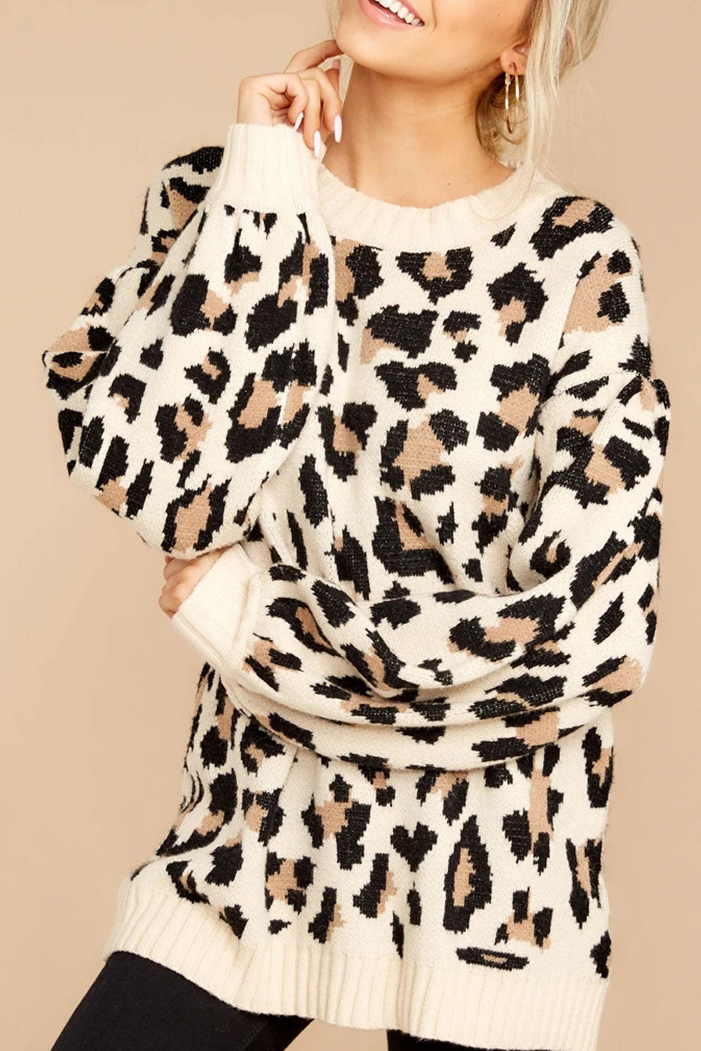 Women Classy Leopard Printed Convenient Round Neck Sweater