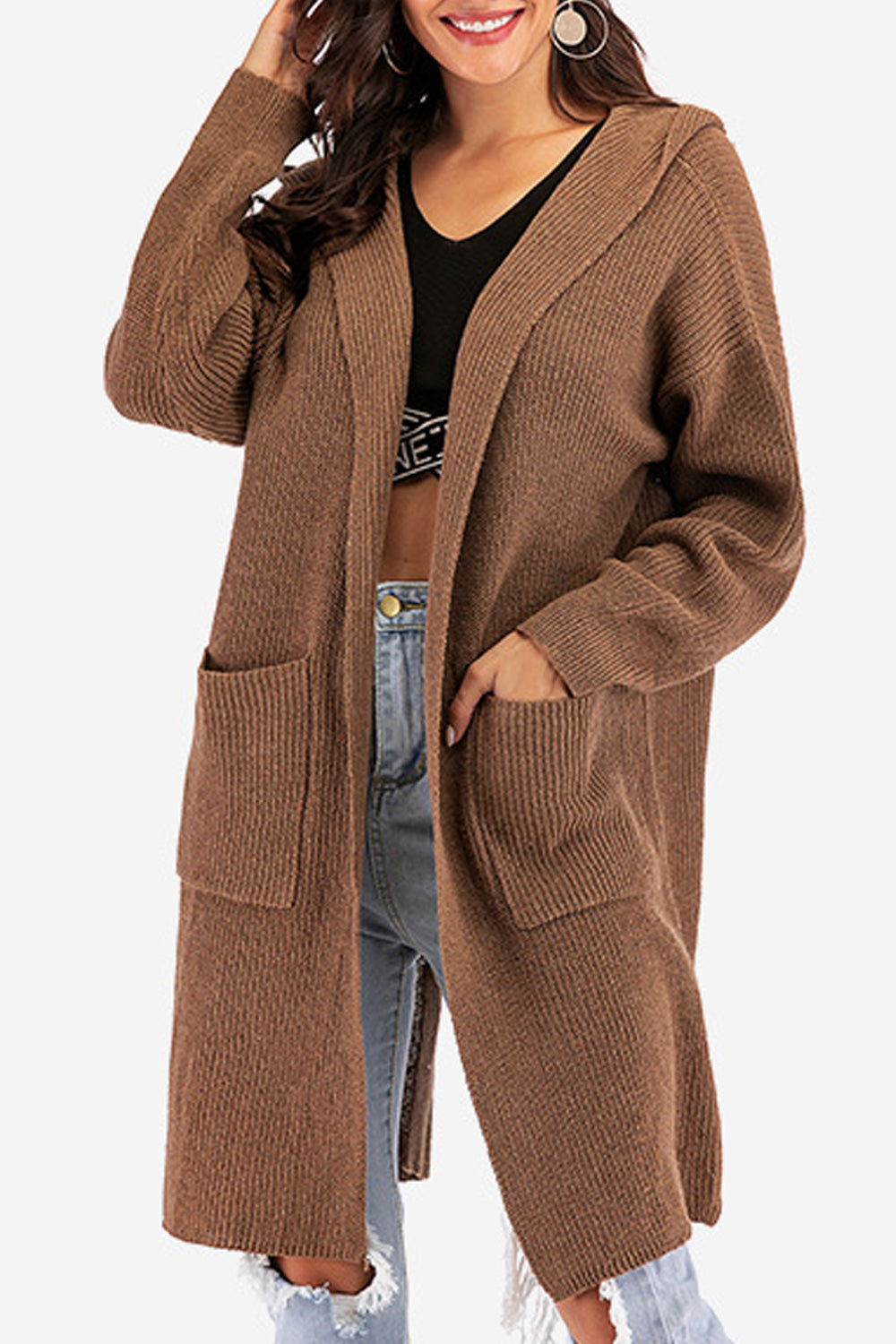 Women Hooded Neck Cross Strap Long Sleeve Solid Colored Elegant Cardigan