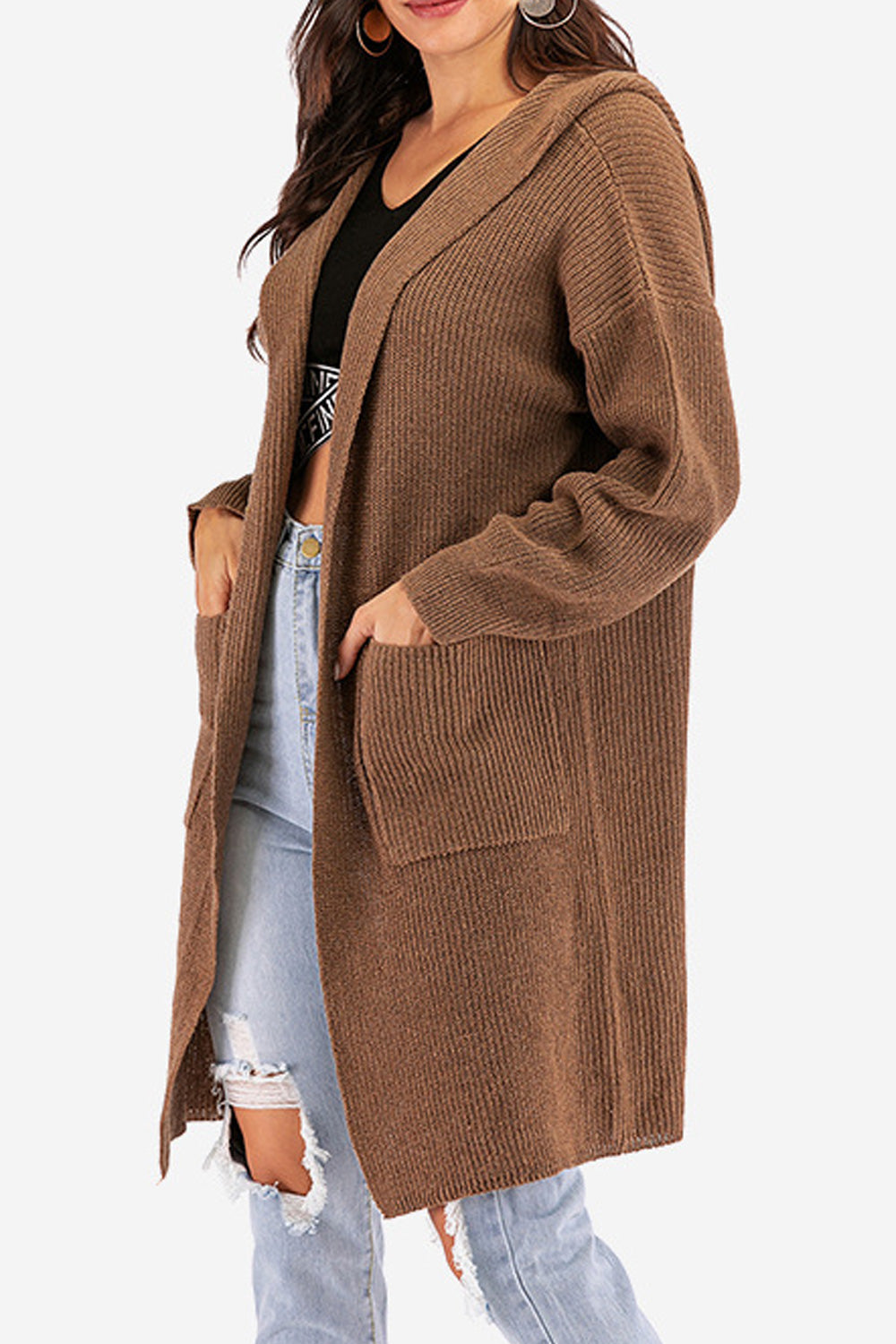 Women Hooded Neck Cross Strap Long Sleeve Solid Colored Elegant Cardigan