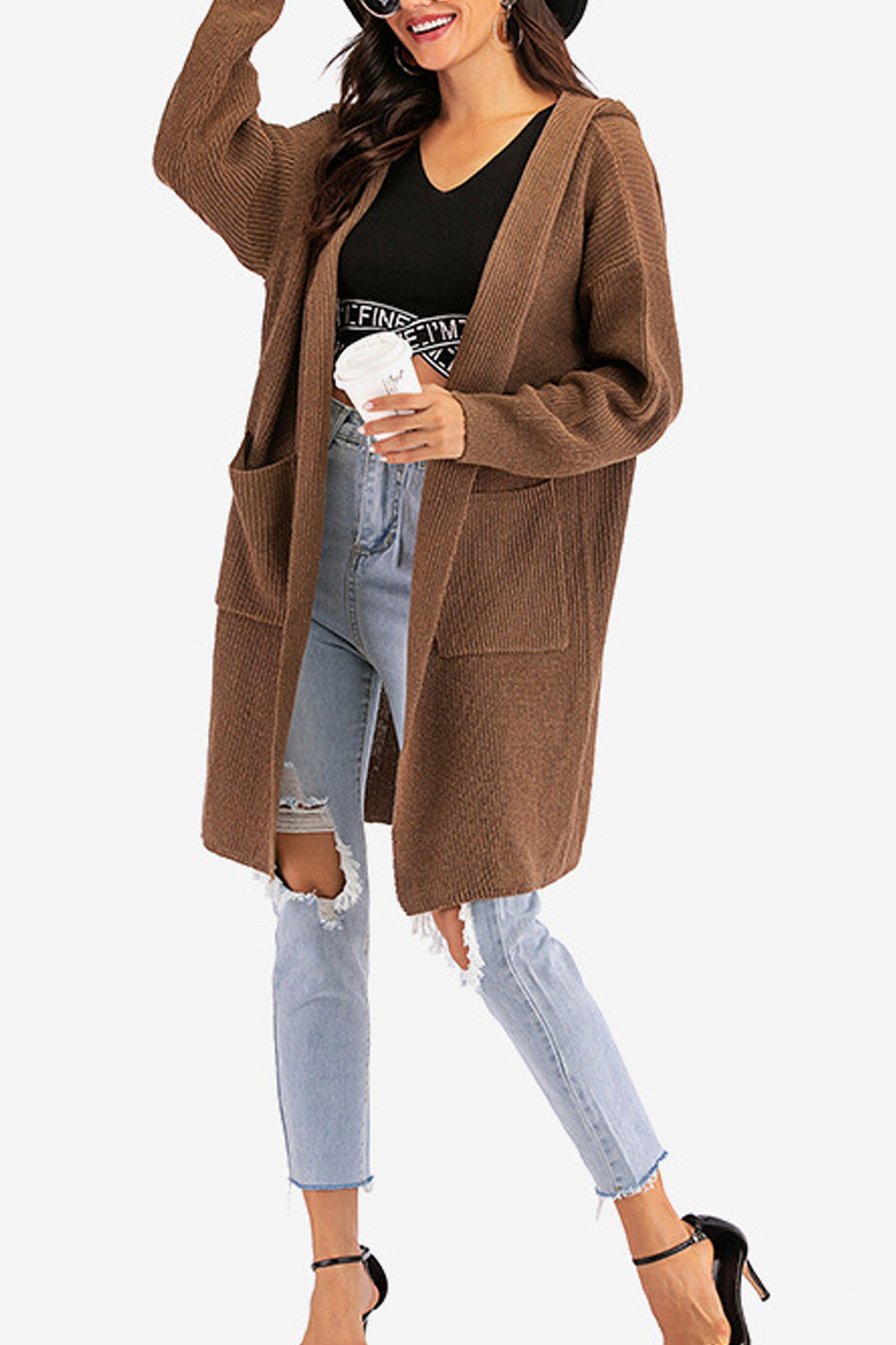 Women Hooded Neck Cross Strap Long Sleeve Solid Colored Elegant Cardigan