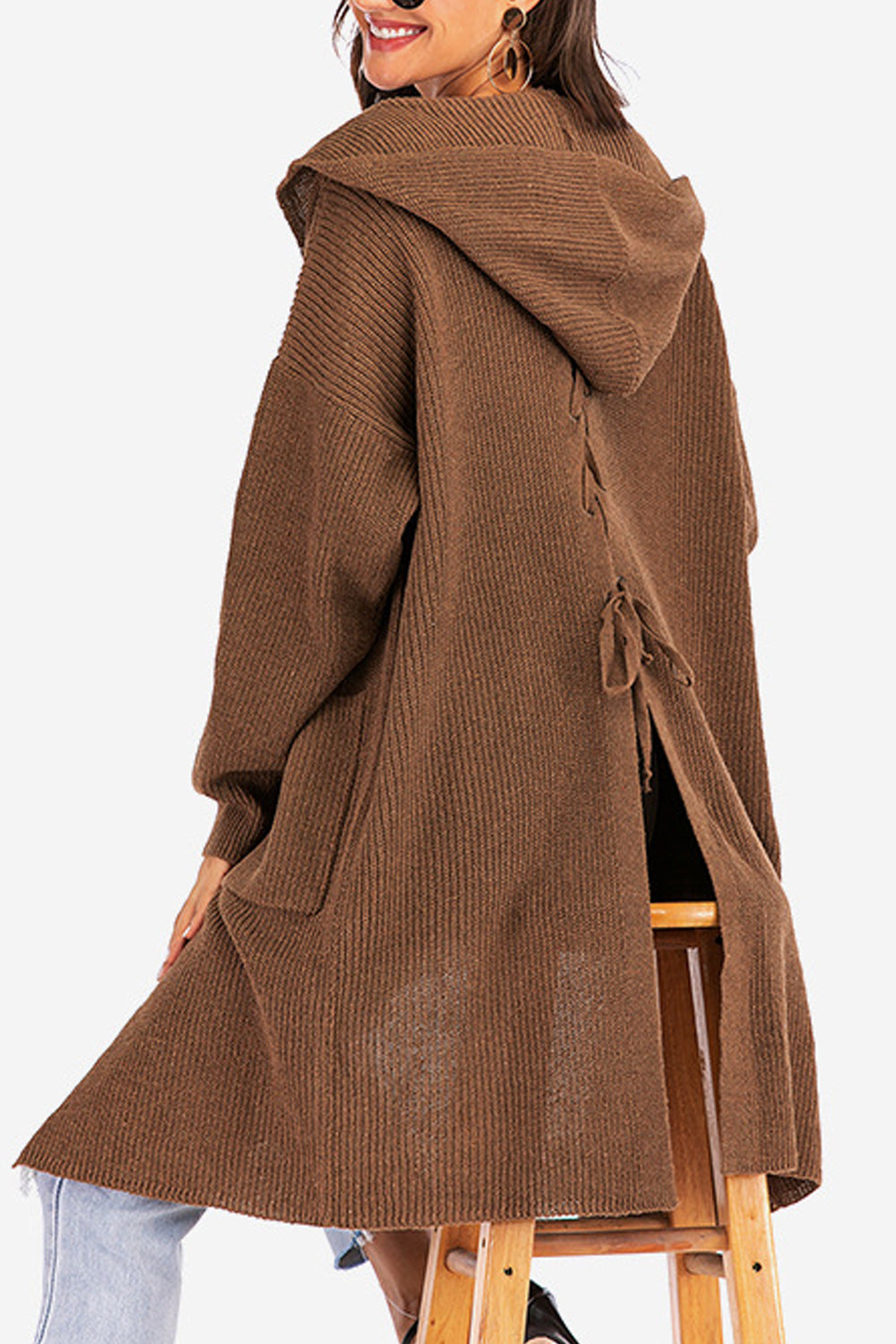 Women Hooded Neck Cross Strap Long Sleeve Solid Colored Elegant Cardigan