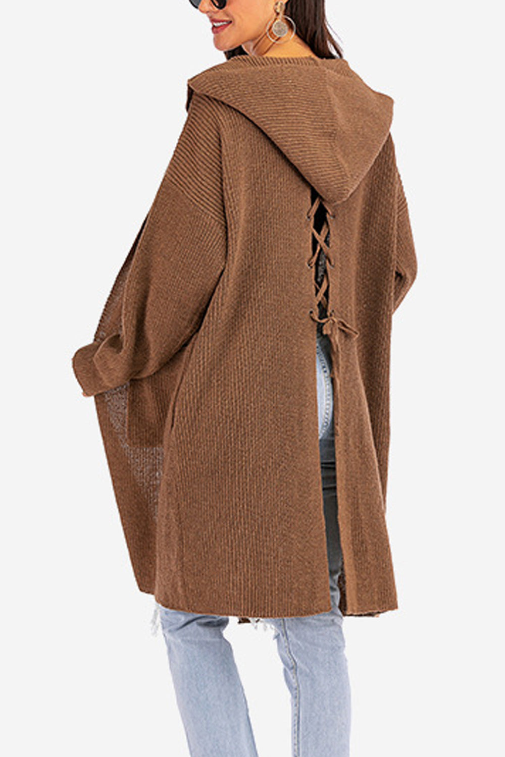 Women Hooded Neck Cross Strap Long Sleeve Solid Colored Elegant Cardigan