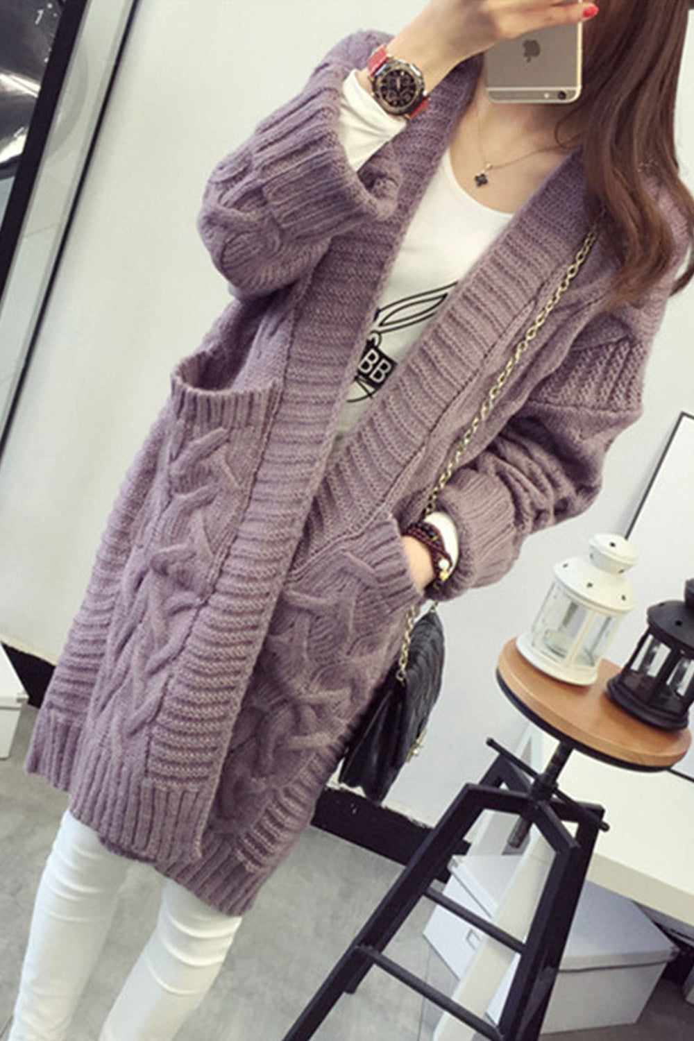 Women Mid Length Warm Long Sleeve Solid Colored Breathable Cardigan