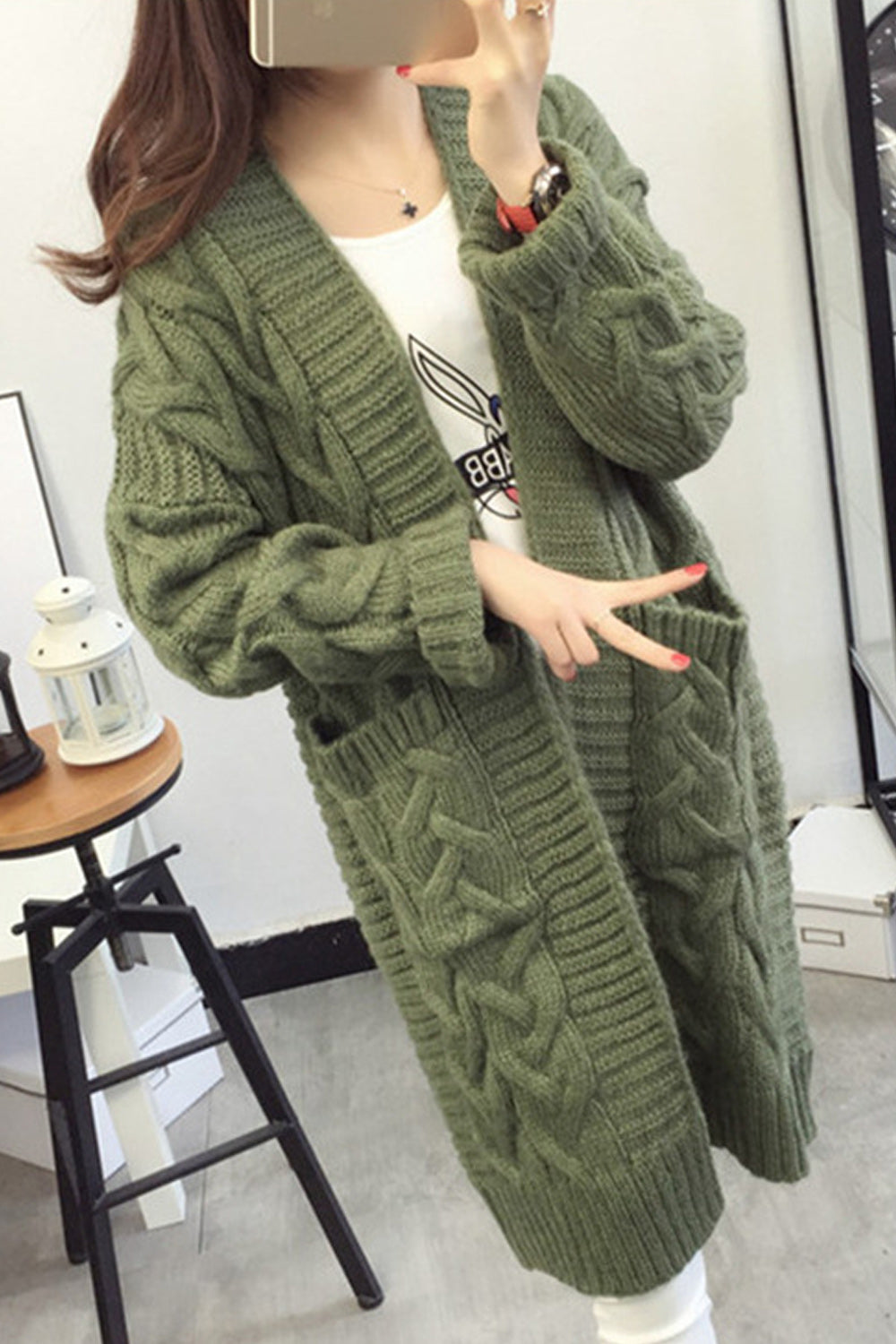 Women Mid Length Warm Long Sleeve Solid Colored Breathable Cardigan