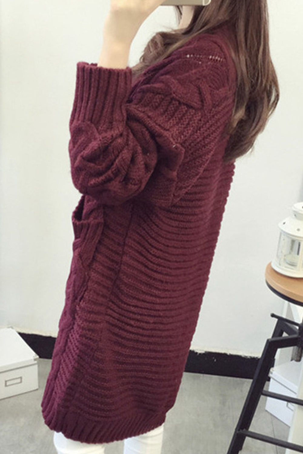 Women Mid Length Warm Long Sleeve Solid Colored Breathable Cardigan
