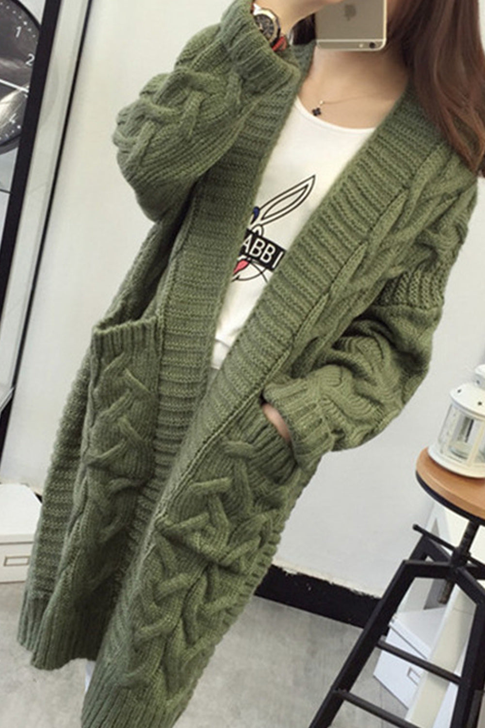 Women Mid Length Warm Long Sleeve Solid Colored Breathable Cardigan
