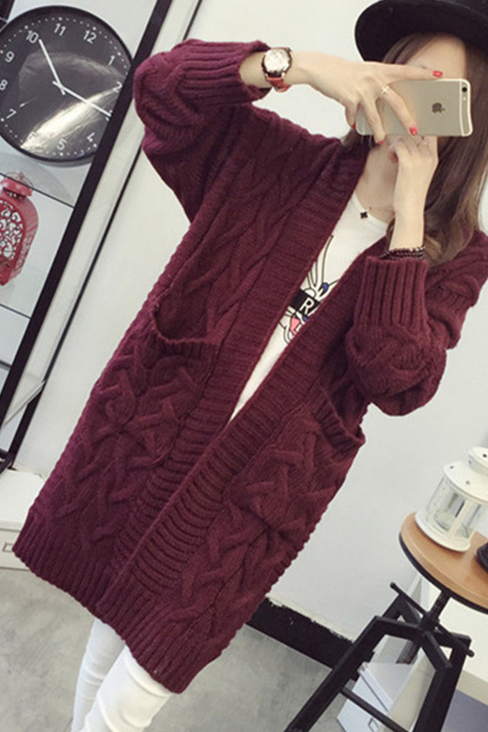 Women Mid Length Warm Long Sleeve Solid Colored Breathable Cardigan