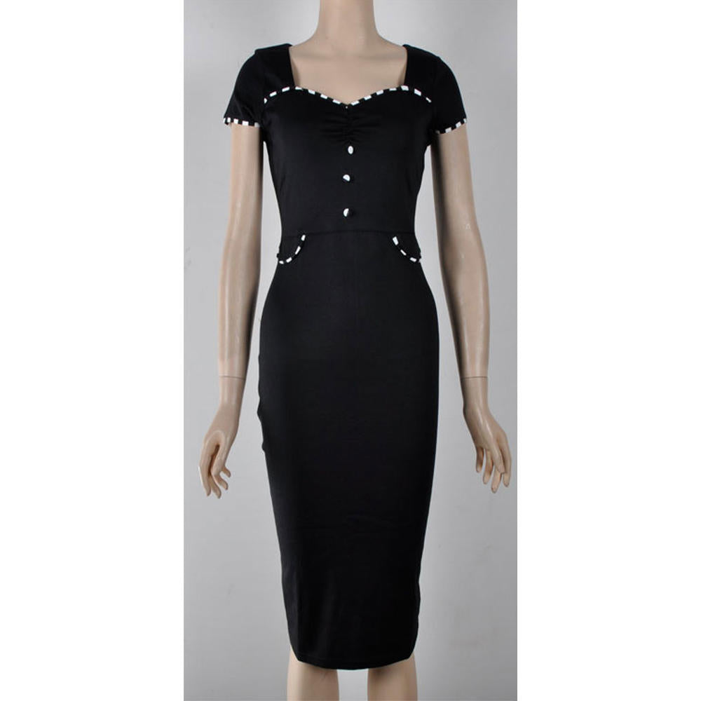 Women Short Sleeve Square Neck Bodycon Sheath Dress Black