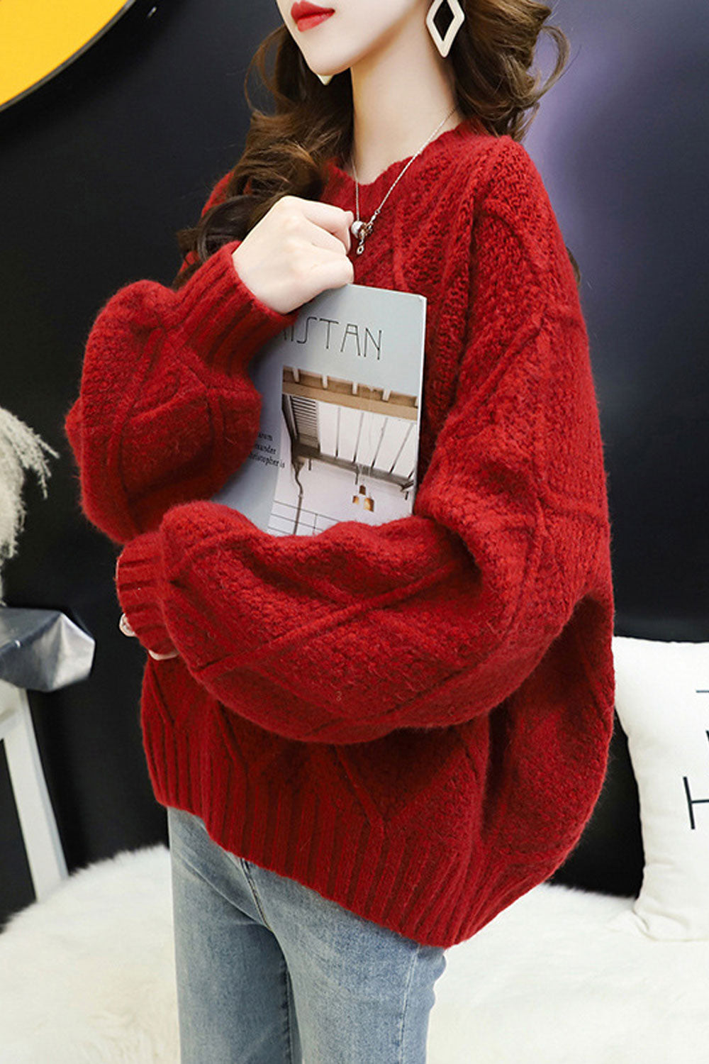 Women Elasticated Cuff Elegant Solid Pattern Long Sleeve Cozy Sweater