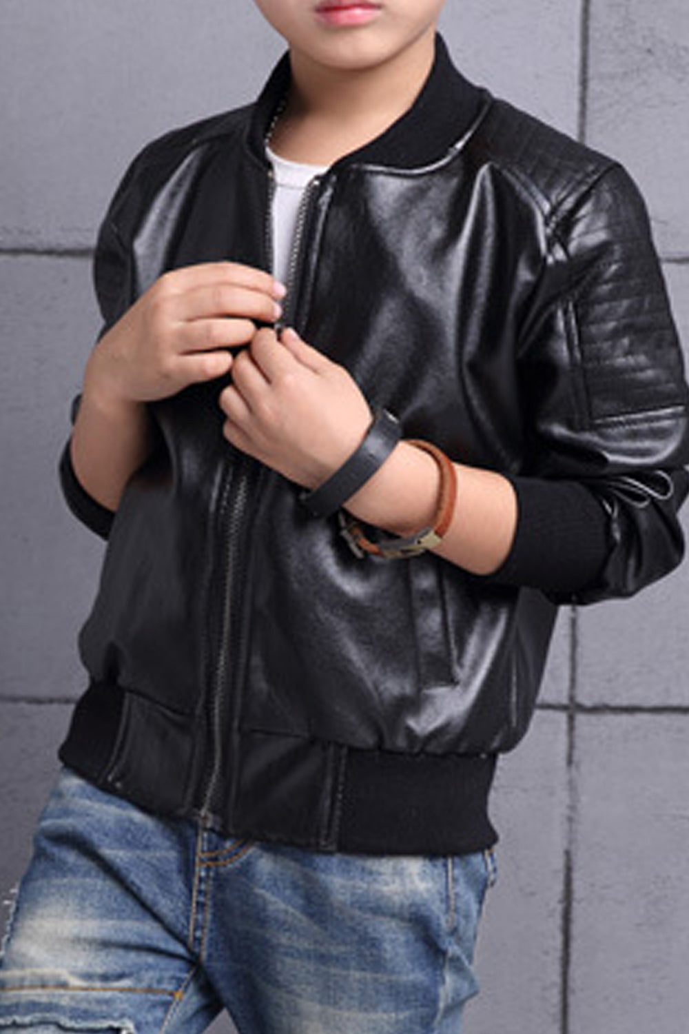 Kids Boys Ribbed Cuff Round Neck Easy Zipper Style Breathable Leather Jacket
