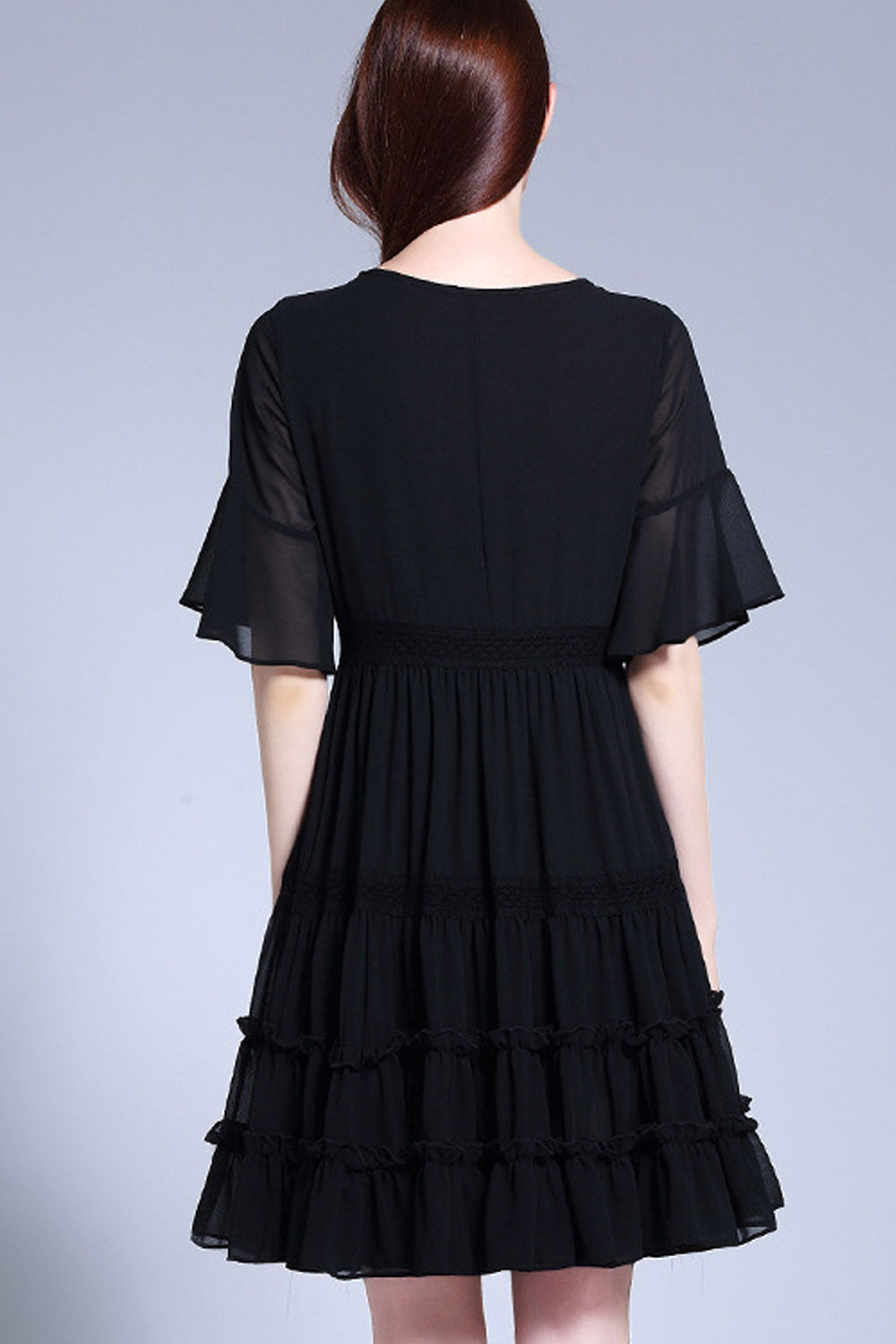 Women Splendid Trumpet Short Sleeve Round Solid Pattern Mid Length Chiffon Dress