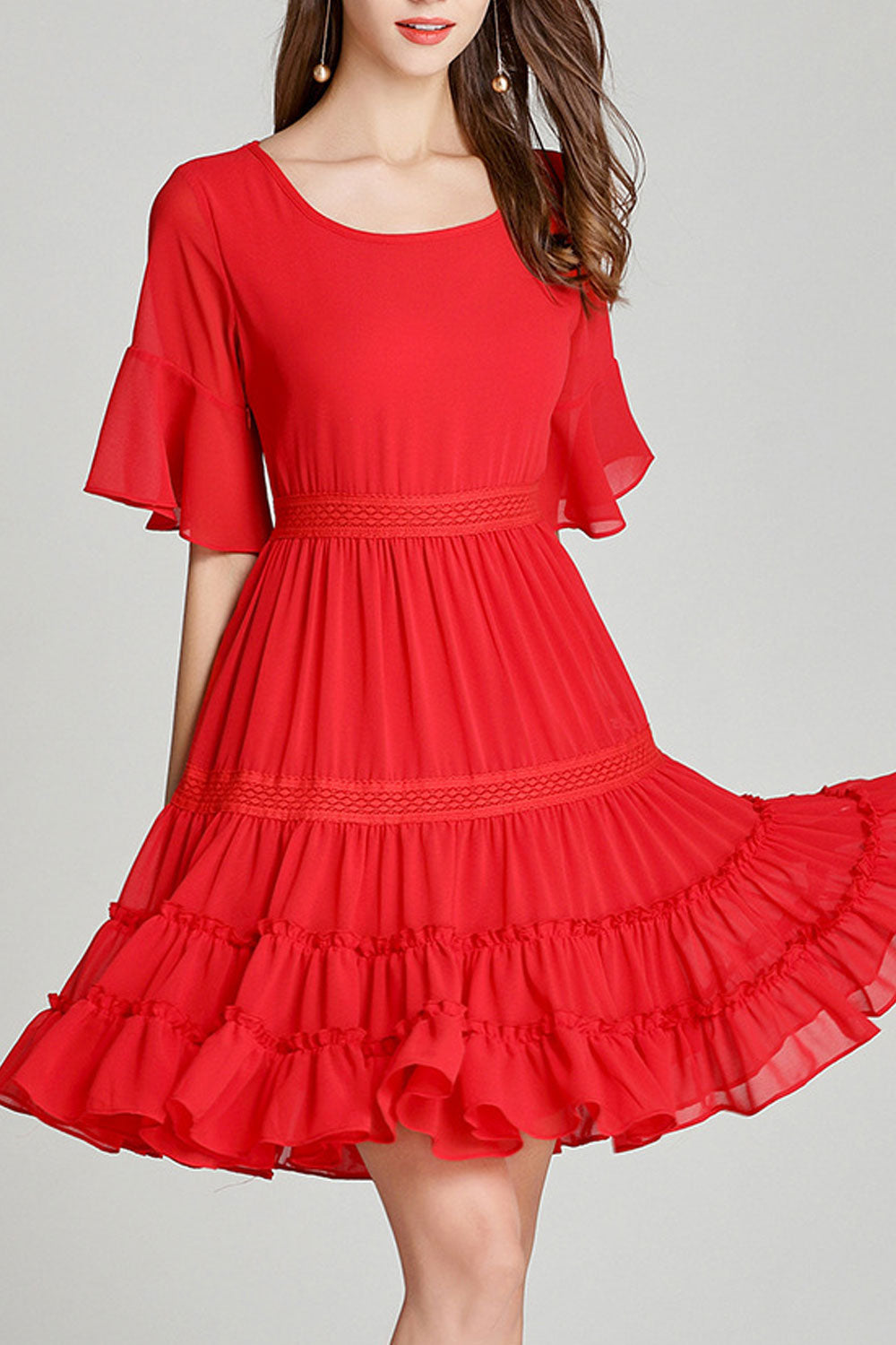 Women Splendid Trumpet Short Sleeve Round Solid Pattern Mid Length Chiffon Dress