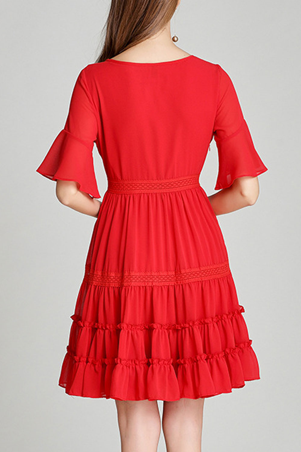 Women Splendid Trumpet Short Sleeve Round Solid Pattern Mid Length Chiffon Dress