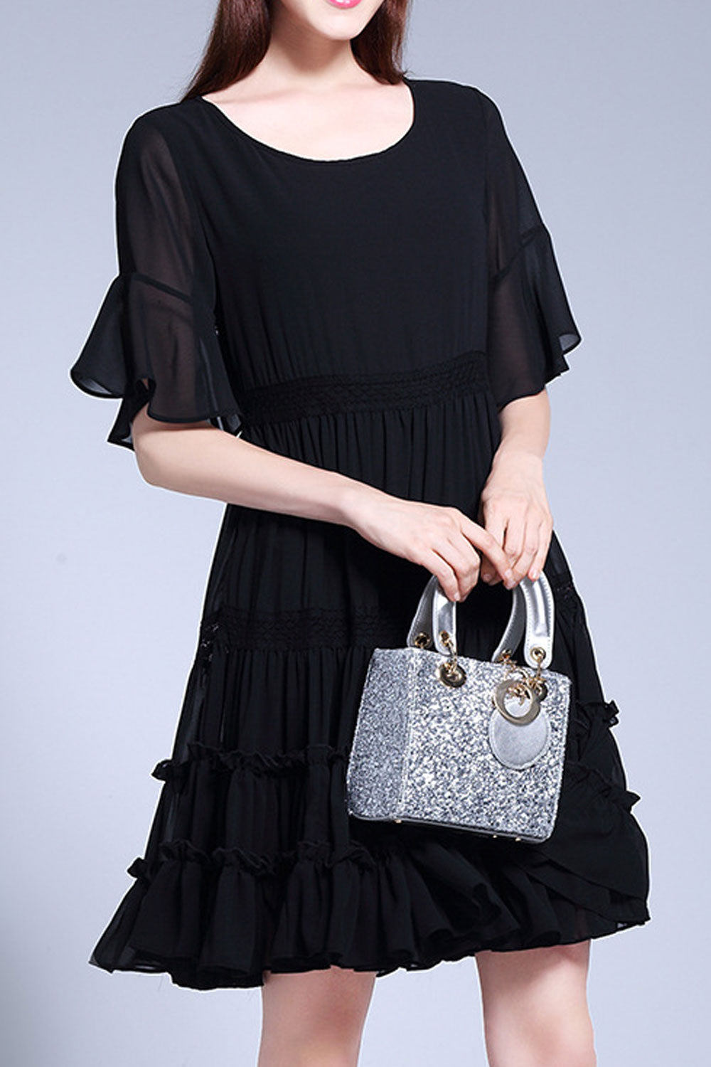 Women Splendid Trumpet Short Sleeve Round Solid Pattern Mid Length Chiffon Dress