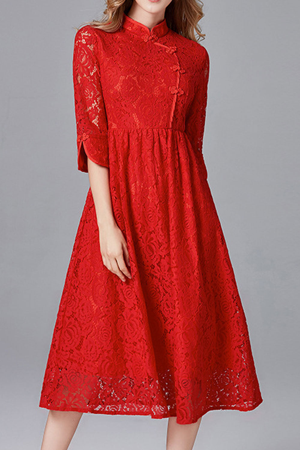 Women Lace High Neck Pleated Dress