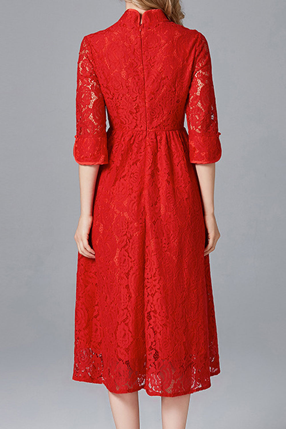 Women Lace High Neck Pleated Dress