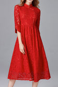 Women Lace High Neck Pleated Dress