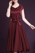 WOMEN SILK PRINTED TOP BOW WAIST PROM DRESS RED VINE