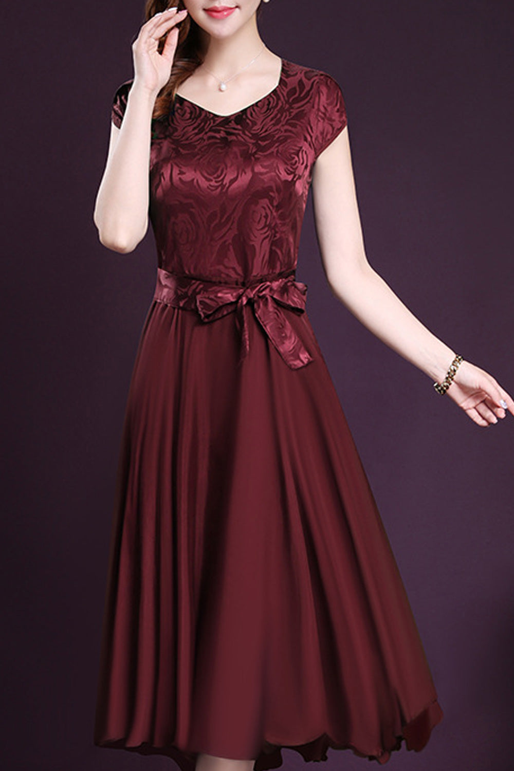 WOMEN SILK PRINTED TOP BOW WAIST PROM DRESS RED VINE