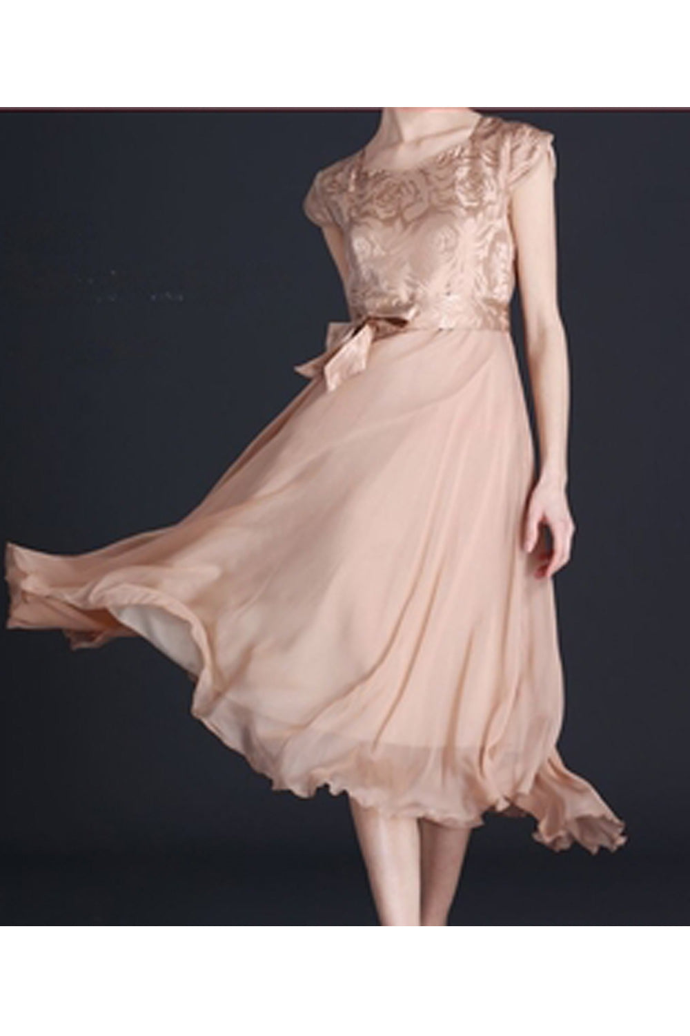 WOMEN SILK PRINTED TOP BOW WAIST PROM DRESS RED VINE