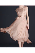 WOMEN SILK PRINTED TOP BOW WAIST PROM DRESS RED VINE