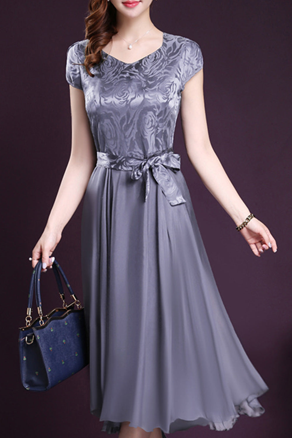 Women Silk Printed Top Bow Waist Prom Dress Gray