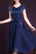 Women Silk Printed Top Bow Waist Prom Dress Blue