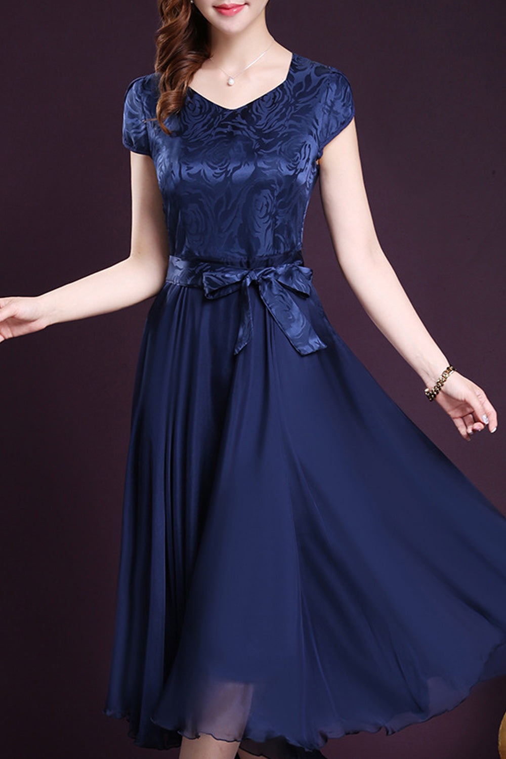 Women Silk Printed Top Bow Waist Prom Dress Blue