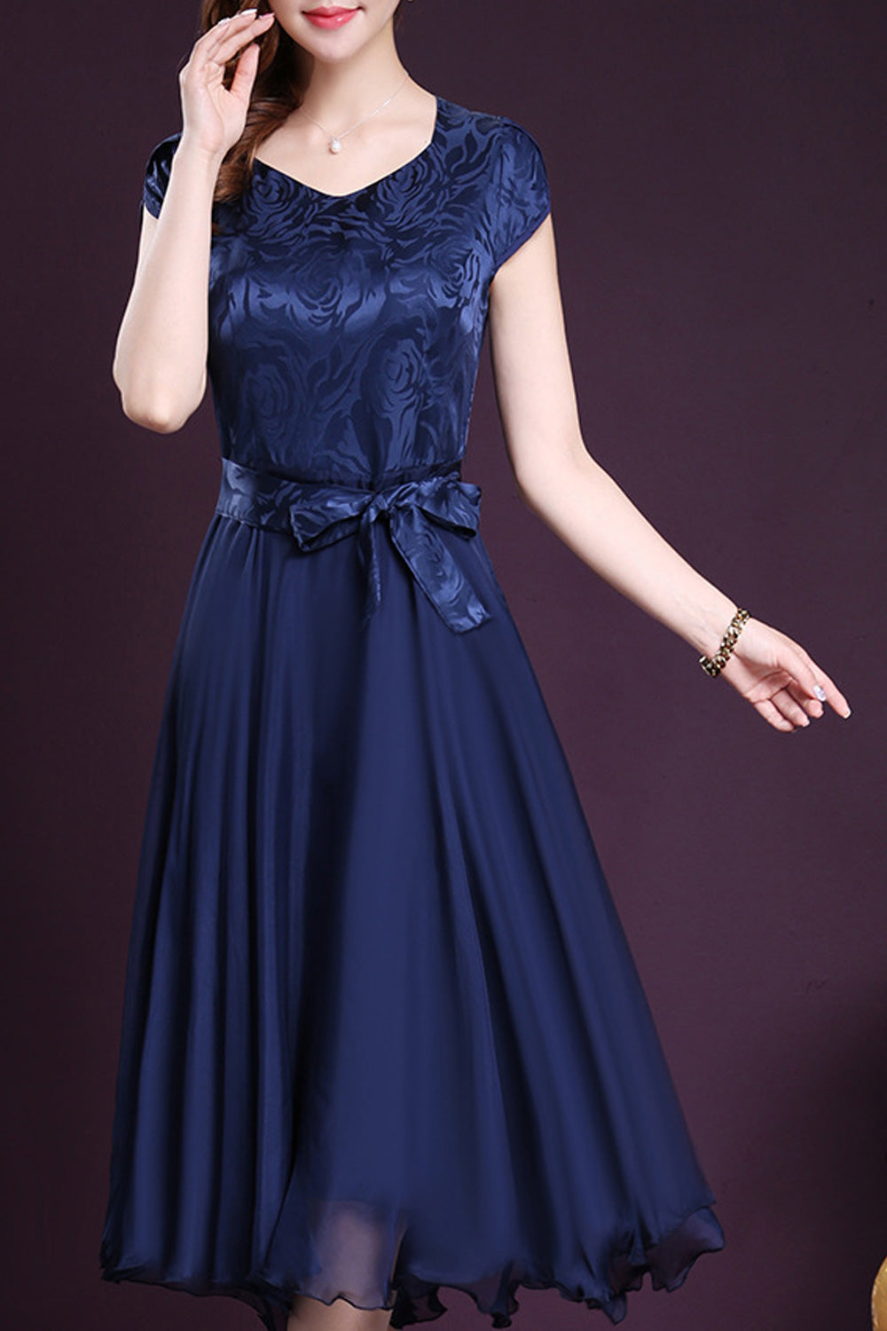 Women Silk Printed Top Bow Waist Prom Dress Blue