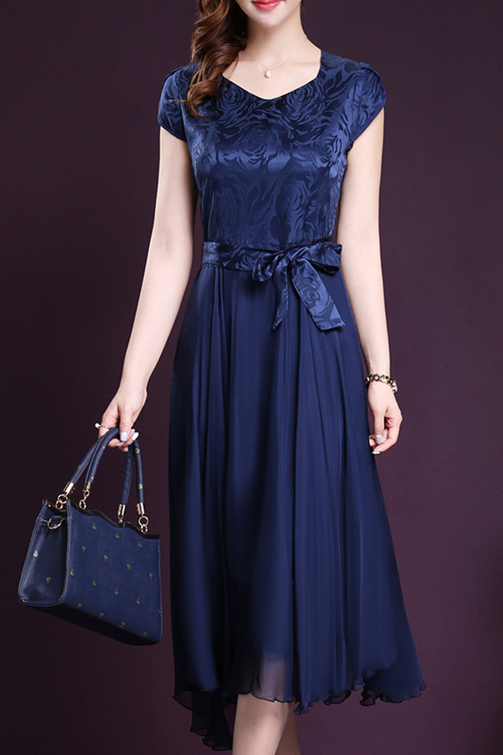 Women Silk Printed Top Bow Waist Prom Dress Blue