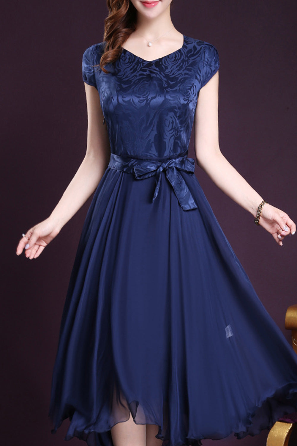 Women Silk Printed Top Bow Waist Prom Dress Blue