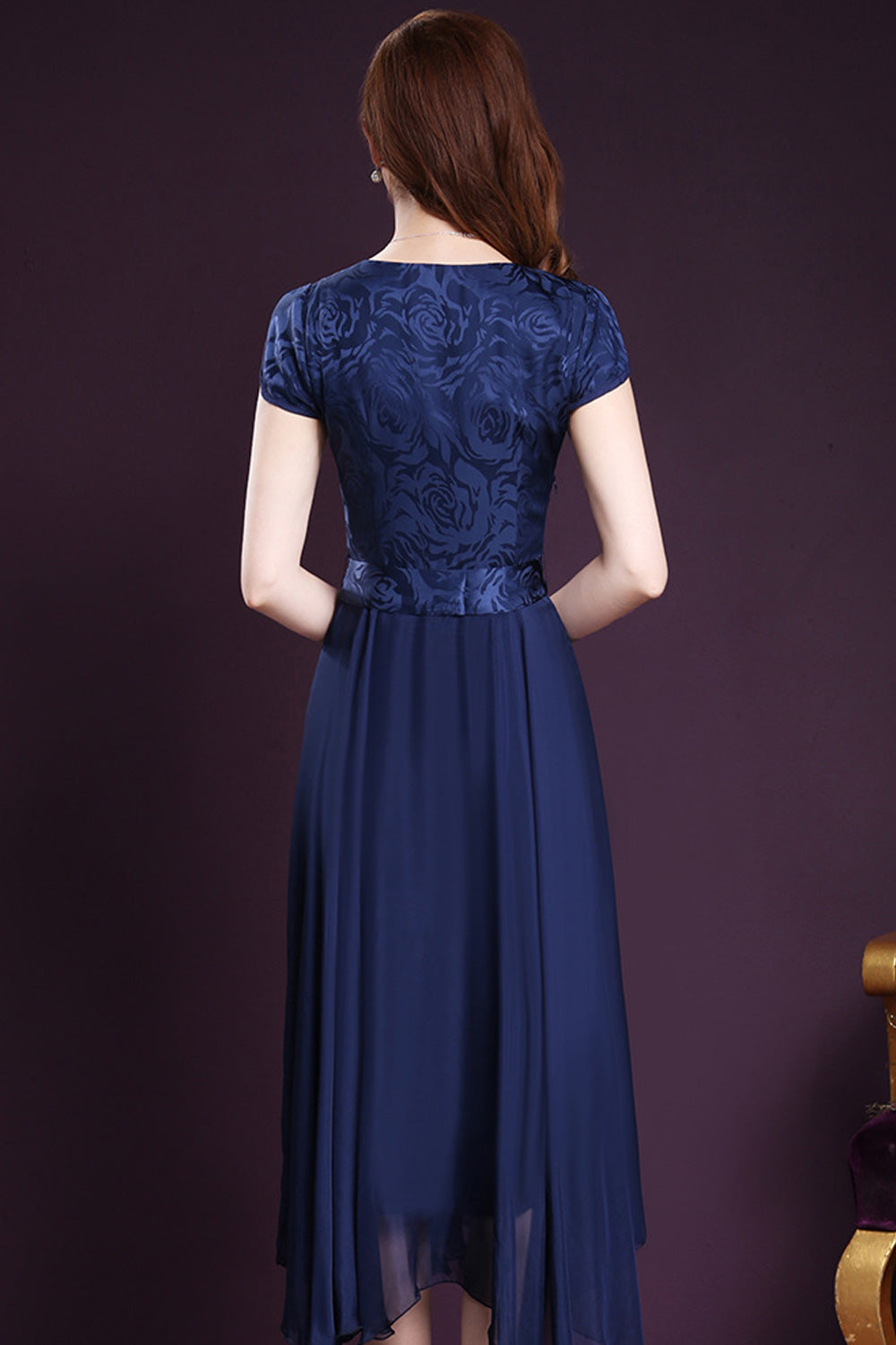 Women Silk Printed Top Bow Waist Prom Dress Blue