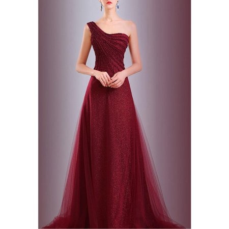 Women Fascinating One-Shoulder Neck Sleeveless Slim Waist Reddish Colored Lovely Gown Dress