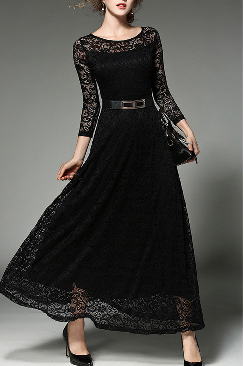 Women Long Belt Fasten Lace Covered Party Dress White.