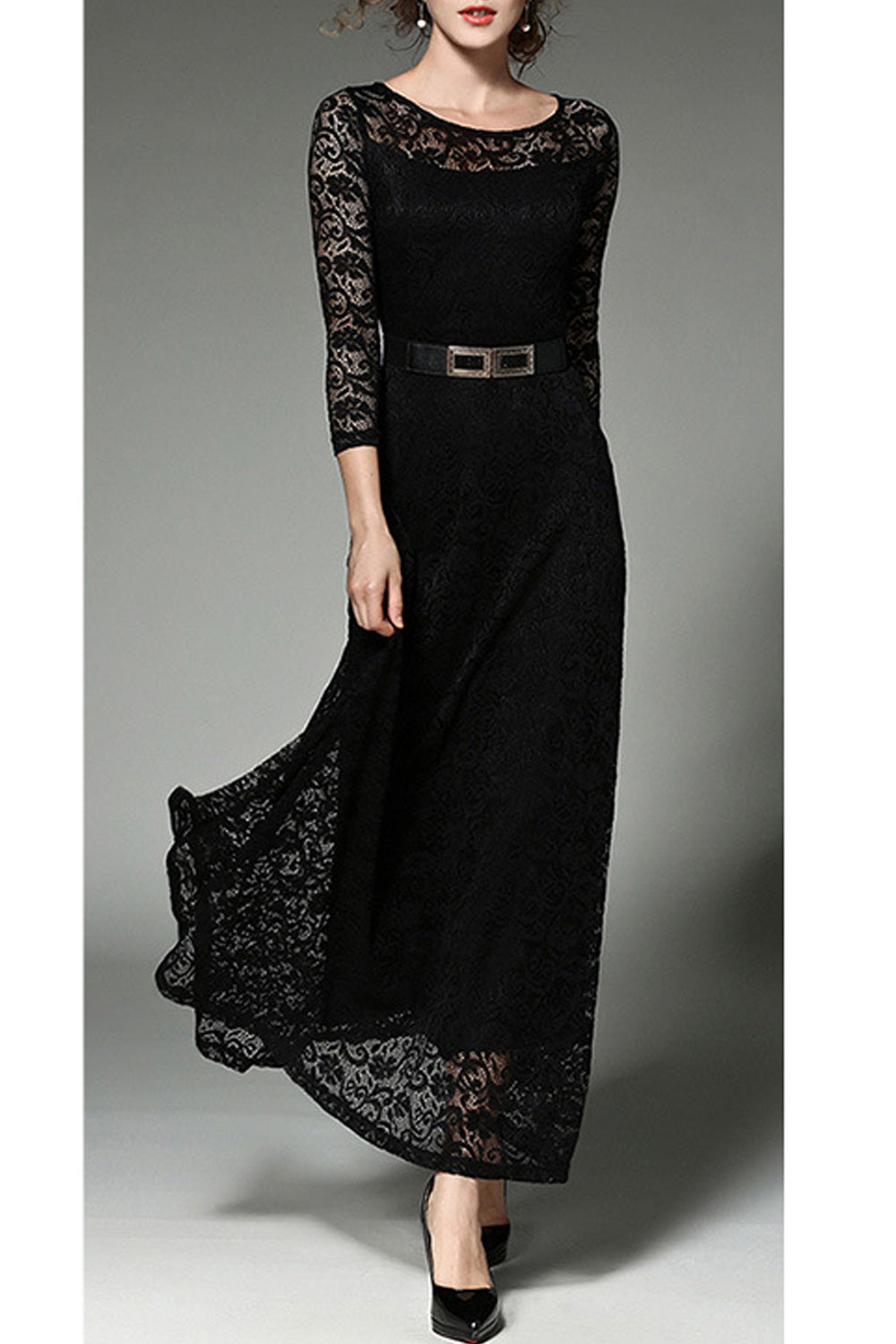 Women Long Belt Fasten Lace Covered Party Dress White.