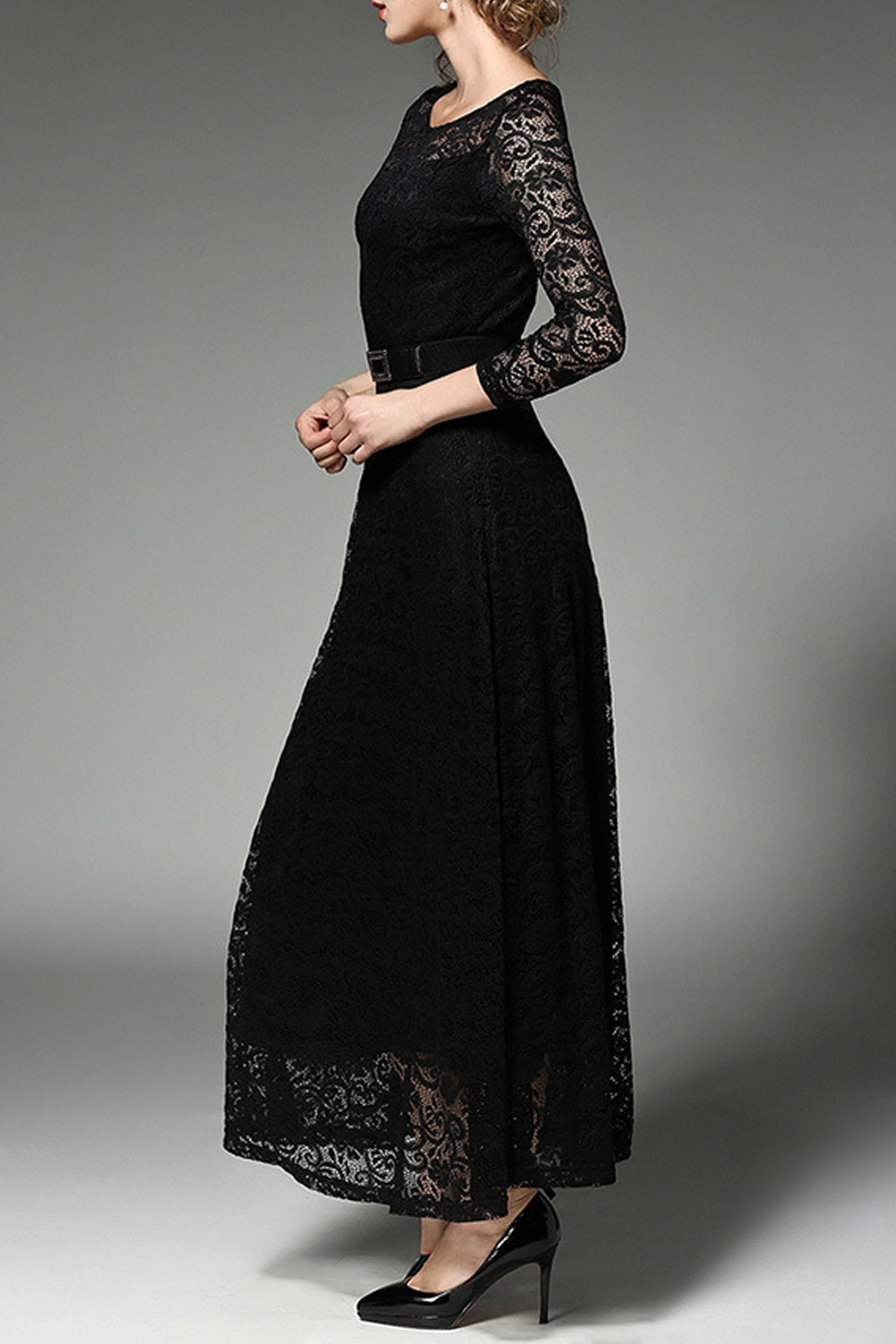 Women Long Belt Fasten Lace Covered Party Dress White.