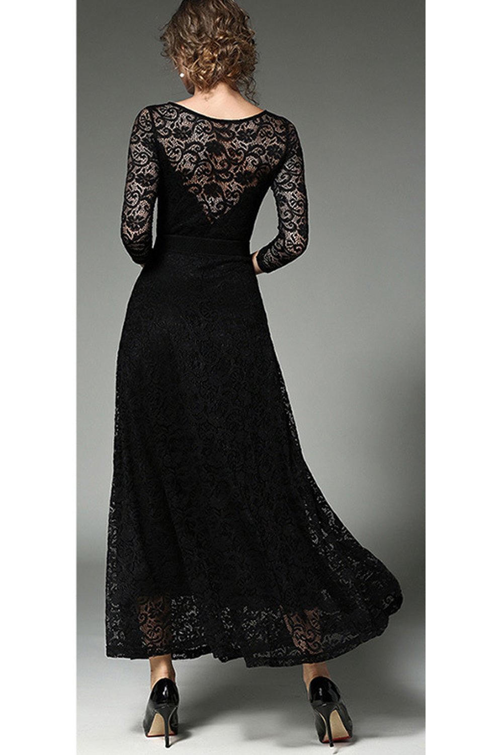 Women Long Belt Fasten Lace Covered Party Dress White.