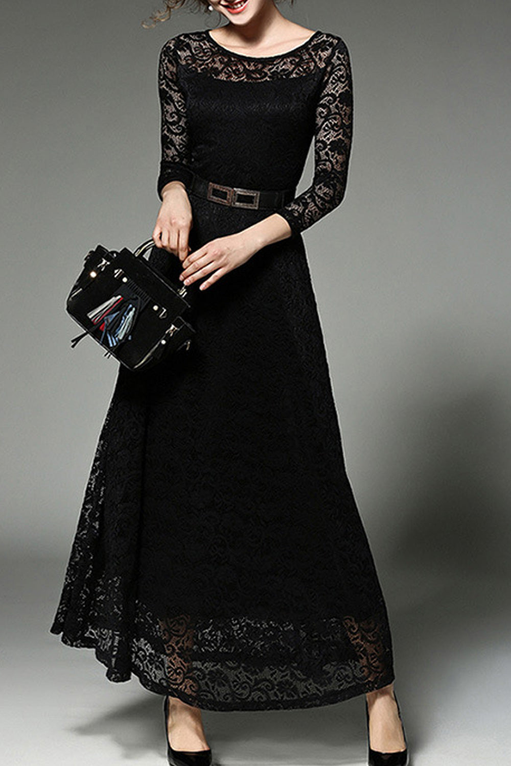 Women Long Belt Fasten Lace Covered Party Dress White.