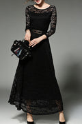 Women Long Belt Fasten Lace Covered Party Dress White.