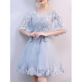 Women Fabulous Lace Decorative Transparent Sleeve & Waist Round Neck Light Weight Mini Skirt Dress