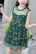 Kids Girls Amazing Floral Embroidery Sleeveless Thin Net Skirt Breathable Dress