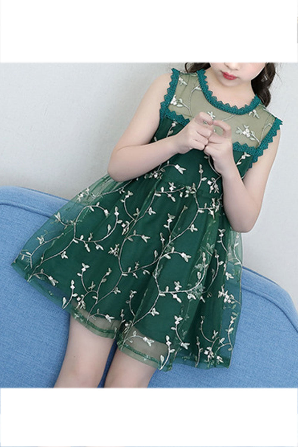 Kids Girls Amazing Floral Embroidery Sleeveless Thin Net Skirt Breathable Dress